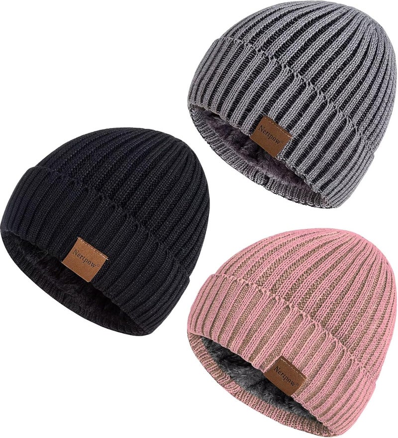 Nertpow Mens Beanie Hats 3 Pack, Winter Hats for Men Women Warm Thermal Fleece Lined, Thick Knit Fashion Skull Cap for Guys - Image 1